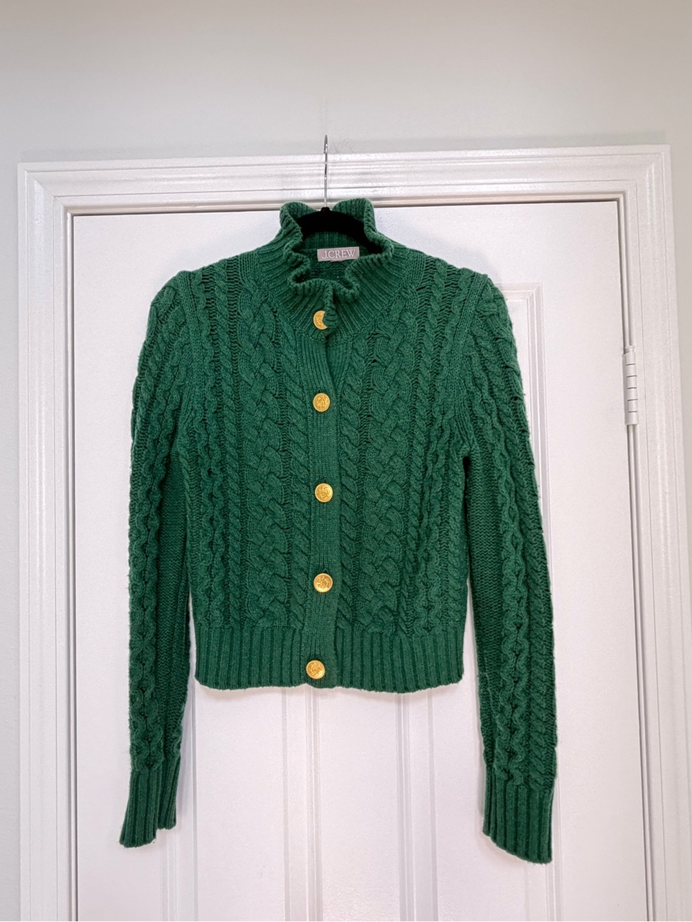 J. Crew Green Cable-Knit Button Cardigan with Gold Buttons